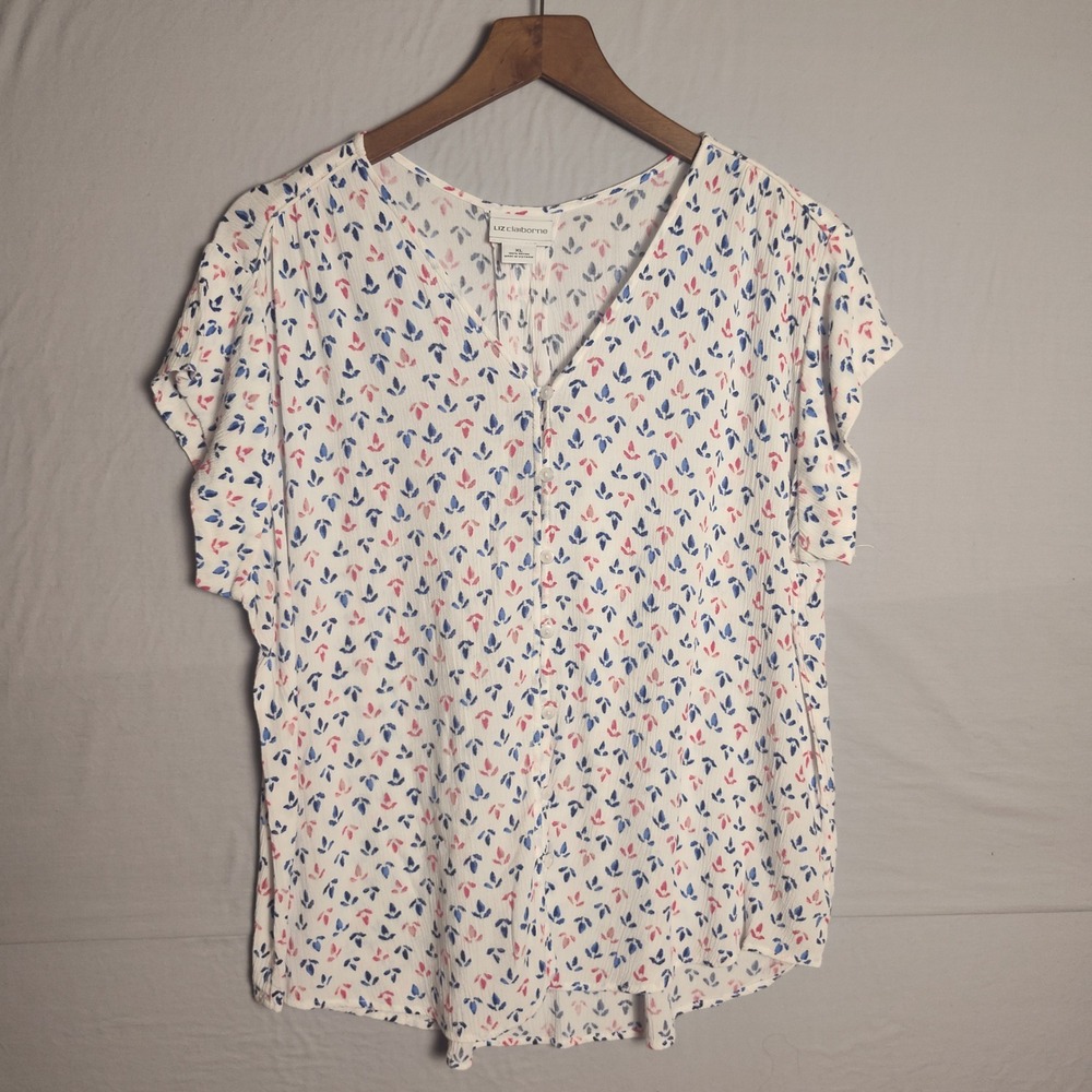 Liz Claiborne Womens XL Rayon Button Up Blouse Blue Pink Floral Short Sleeve Top